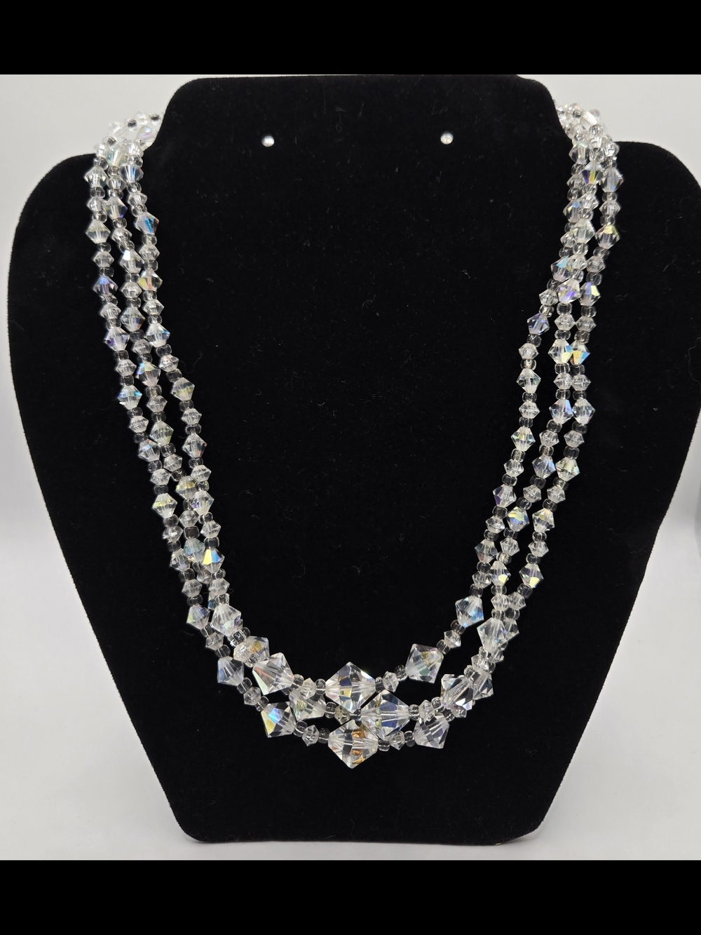 Vintage Aurora Borealis Crystal Beaded Necklace – Triple Strand Statement Piece